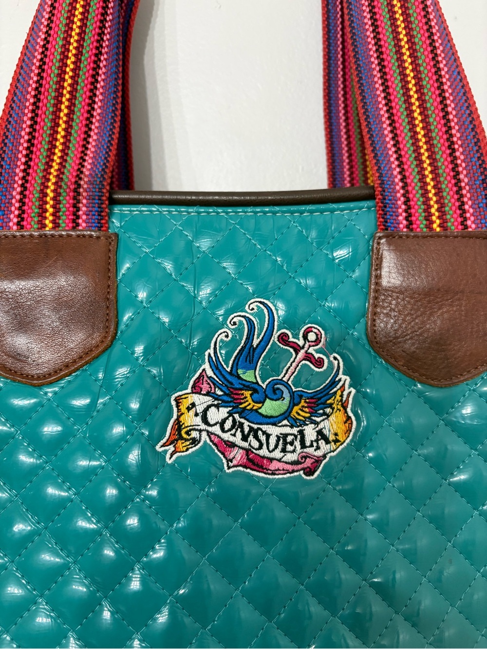 Consuela Teal Quilted Tote with Floral Side Panels and Striped Handles - Picture 2 of 12